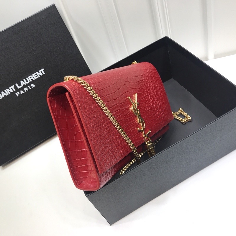 Saint Laurent Kate Medium Chain Bag With Tassel In Embossed Crocodile Red For Women 9.4in/24cm YSL