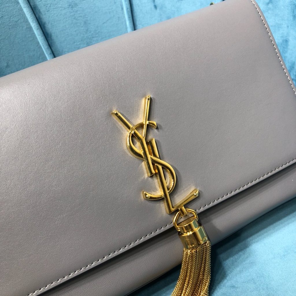 Saint Laurent Kate Medium Chain Bag With Tassel In Grain De Poudre Grey For Women 9.4in/24cm YSL