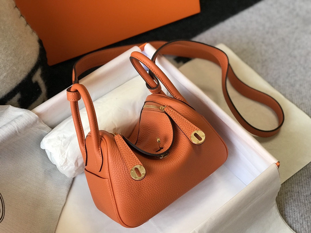 Hermes Lindy Mini Clemence Bag Orange For Women, Women’s Handbags, Shoulder And Crossbody Bags 7.5in/19cm