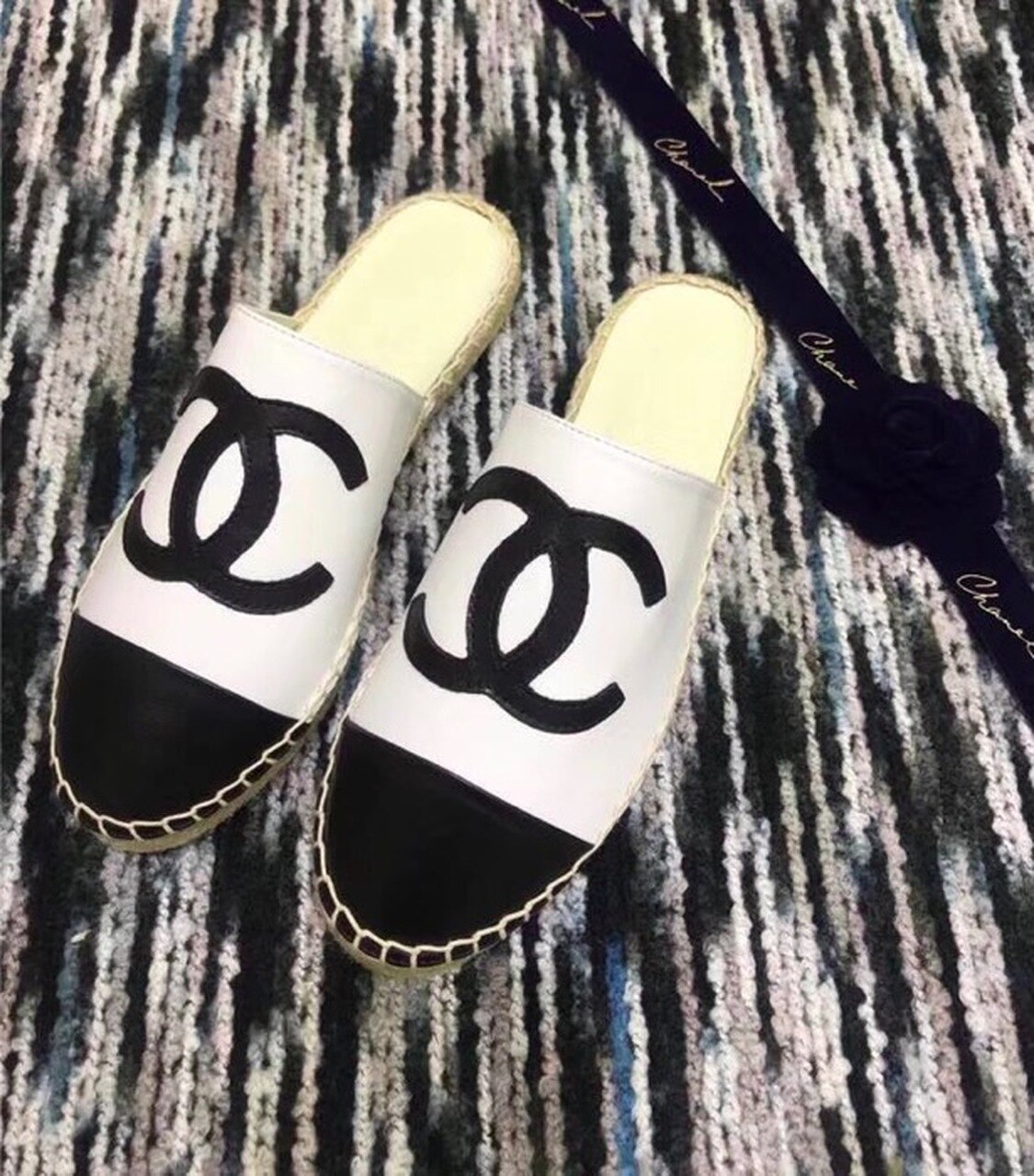 Chanel Mule Espadrille Slides White/Black For Women, Women’s Shoes