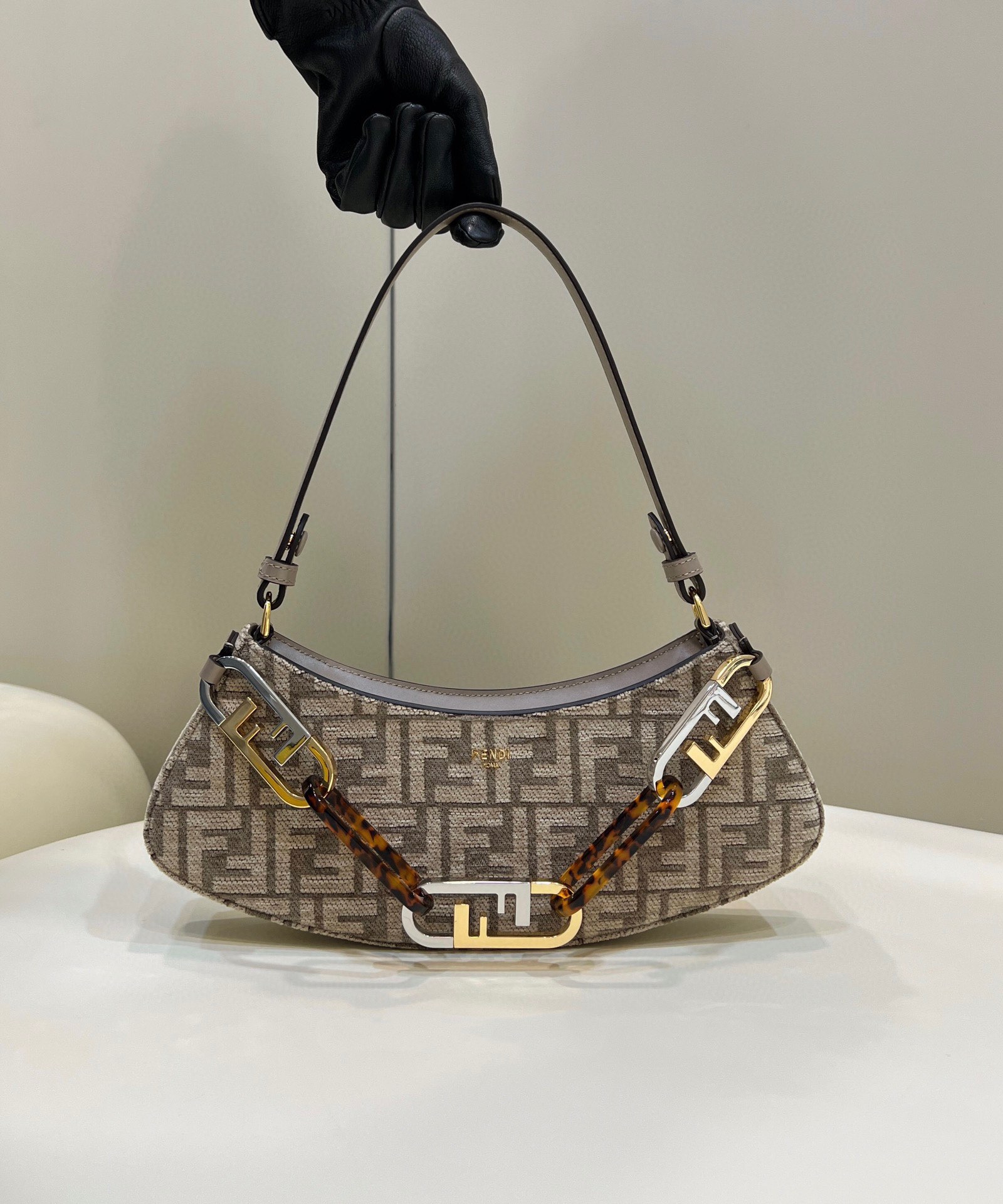 Fendi O’Lock Swing Dove Gray Tapestry Fabric Bag For Woman 32cm/12in