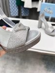 Prada Satin Platform Sandals With Crystals Silver For Women 5.3in/135mm PRD