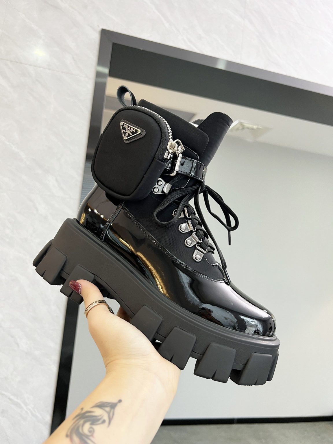 Prada Monolith And Nylon Fabric Boots Shiny Black For Women PRD