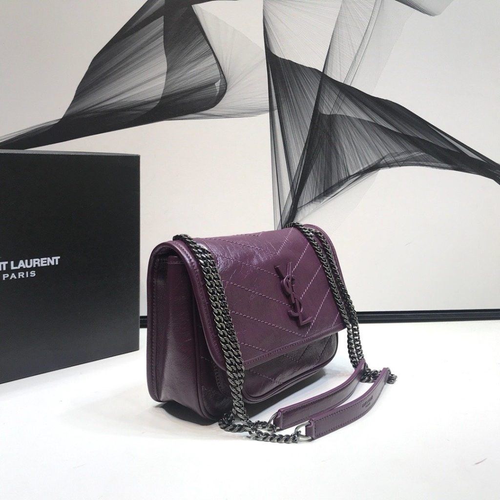 Saint Laurent Niki Baby Chain Bag In Crinkled Vintage Dark Violet For Women 8.2in/21cm YSL