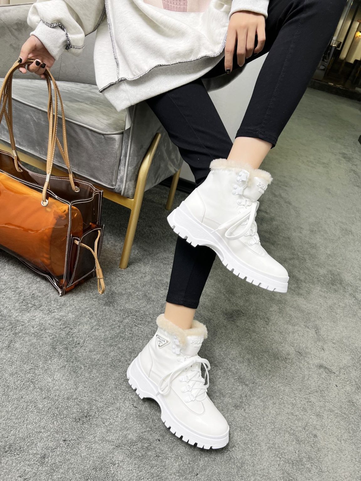 Prada Shearling High-Top Sneakers White For Women PRD