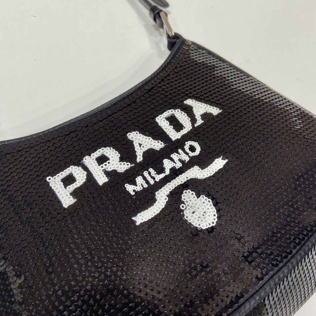 Prada Re-Edition 2000 Sequined Re-Nylon Mini-Bag Black For Women, Women’s Bags 8.6in/22cm 1NE515_2D0Y_F0967