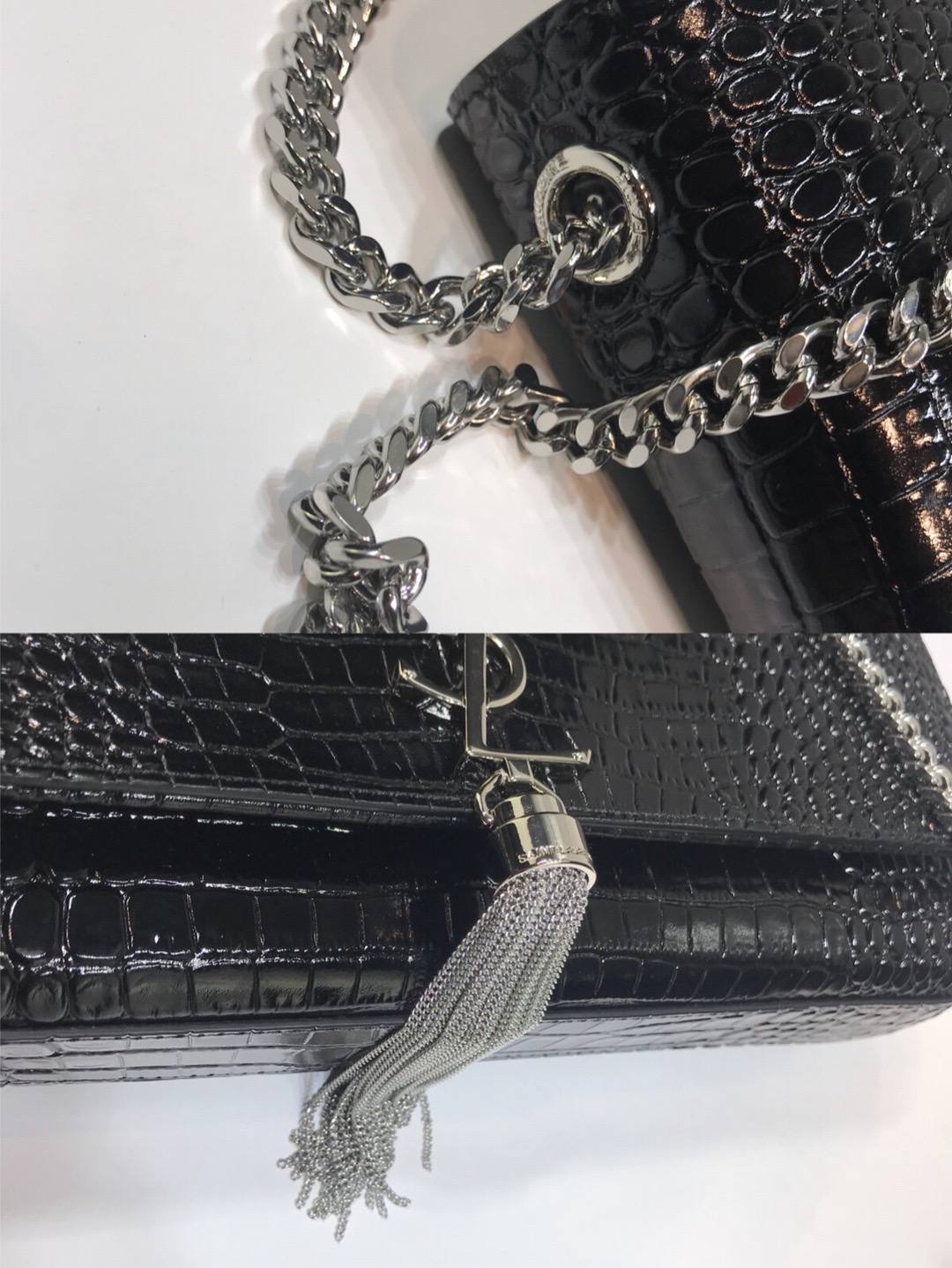 Saint Laurent Kate Medium Chain Bag With Tassel In Embossed Crocodile Black For Women 9.4in/24cm YSL 354119DND0N1000