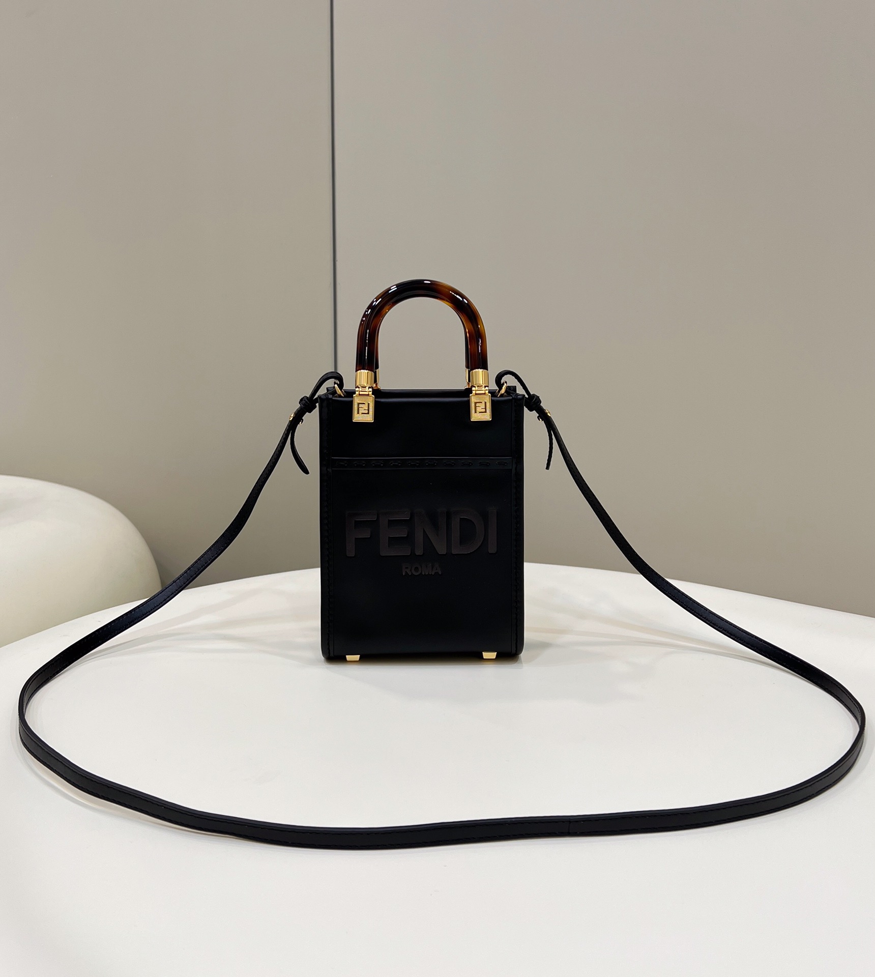 Fendi Sunshine Shopper Black Mini Bag For Woman 13cm/5in