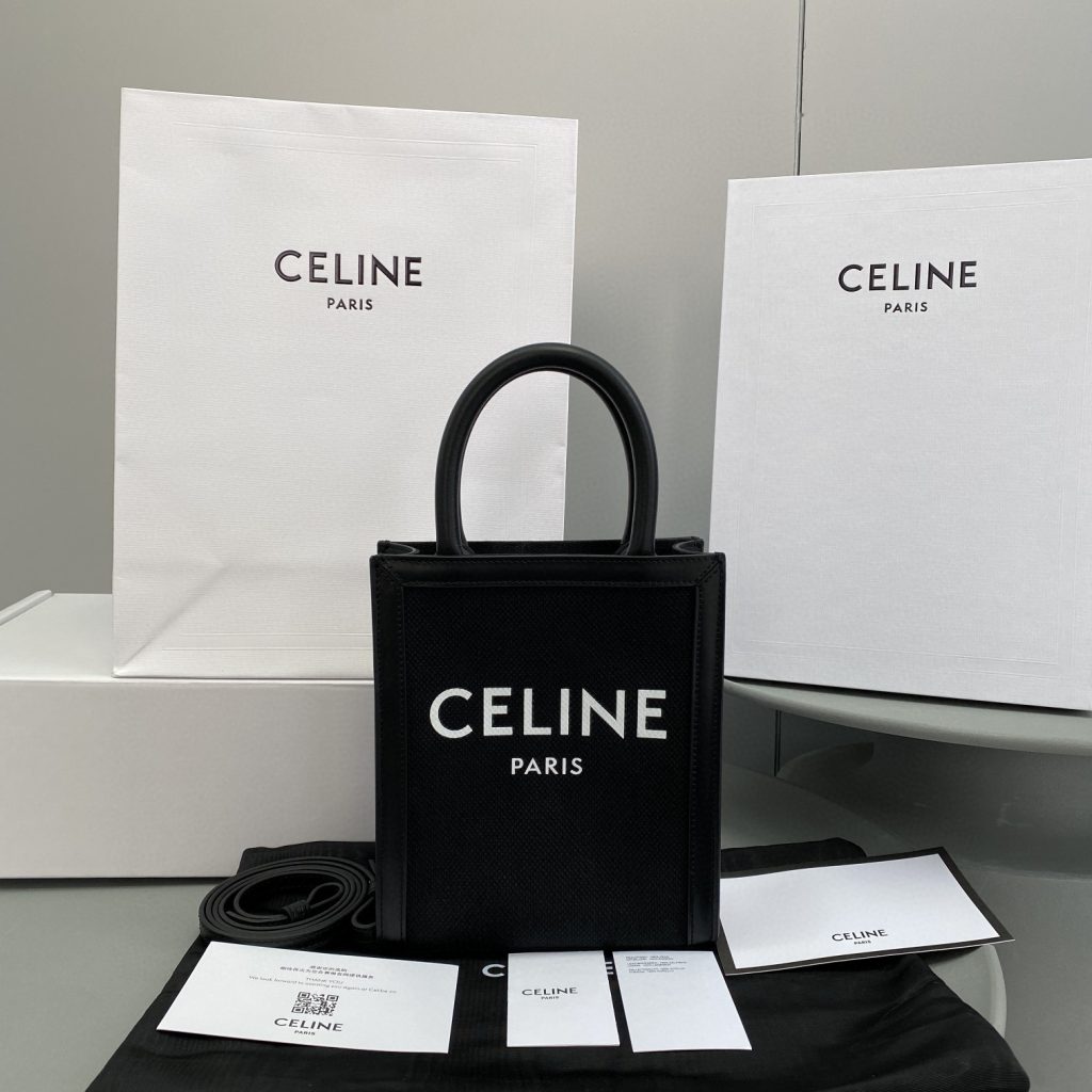 Celine Mini Vertical Cabas Celine In Textile With Celine Print Black For Women 8in/20cm