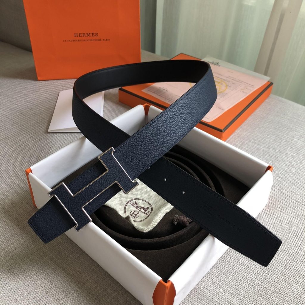 Hermes H Guillochee Belt Buckle & Reversible Strap Navy For Women, Women Belt