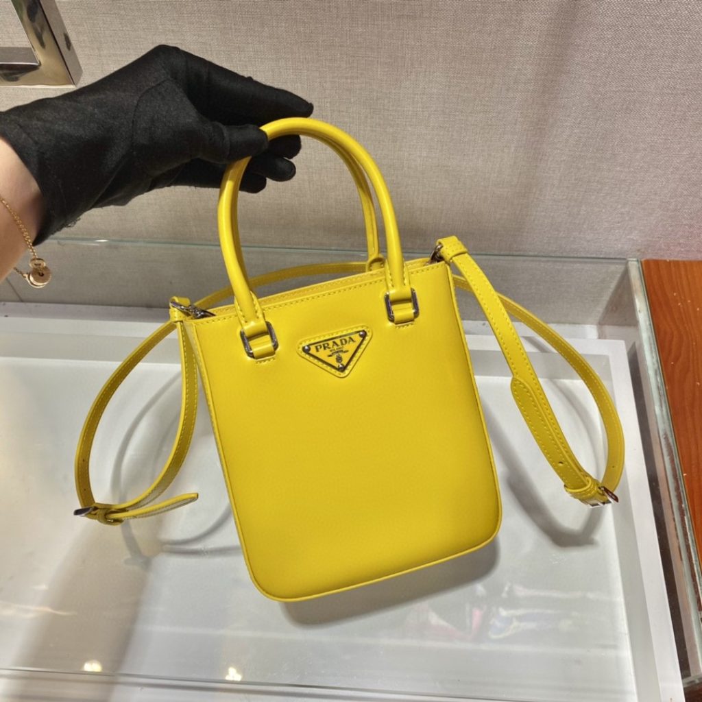 Prada Small Brushed Tote Yellow For Women, Women’s Bags 6.9in/18cm 1BA331_ZO6_F0ZNZ_V_OOO