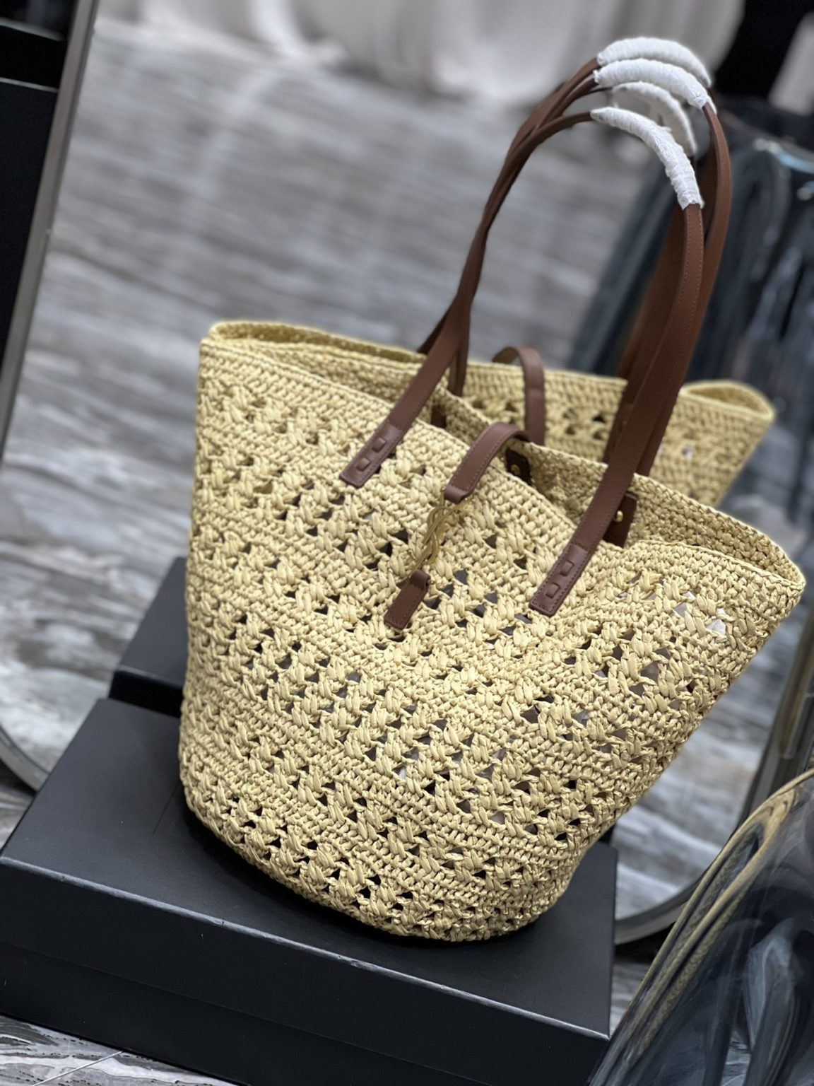 Saint Laurent Hollow Straw Woven Tote Bag Yellow For Women, Women’s Bags 21.6in/55cm YSL