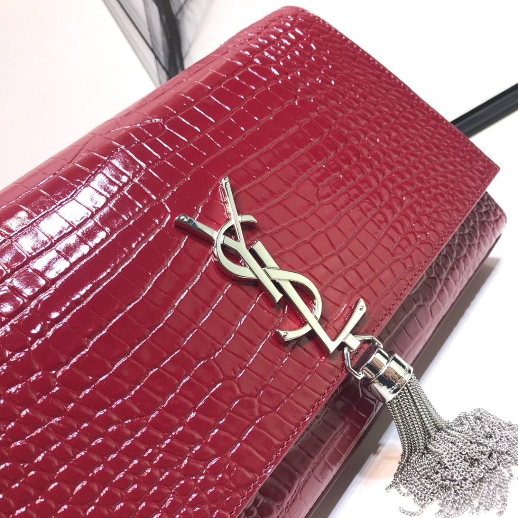 Saint Laurent Kate Medium Chain Bag With Tassel In Embossed Crocodile Burgundy For Women 9.4in/24cm YSL