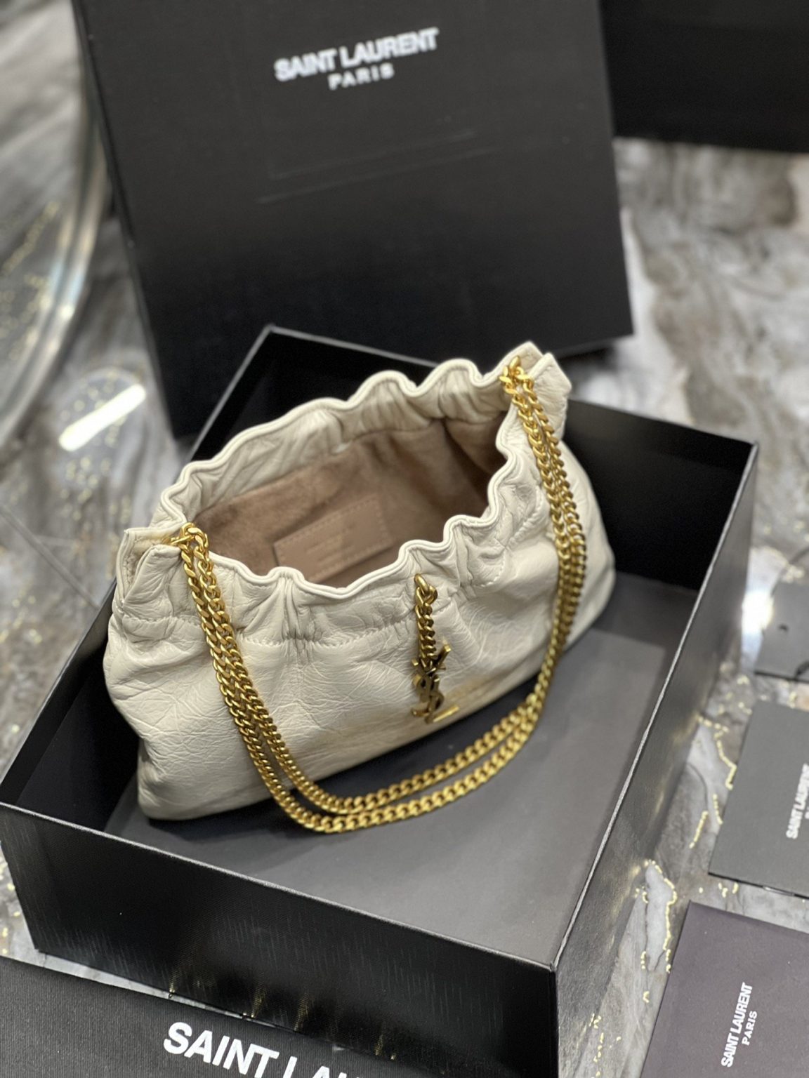 Saint Laurent Hobo Mini Bag White With Bronze Toned Hardware For Women 9.4in/24cm YSl