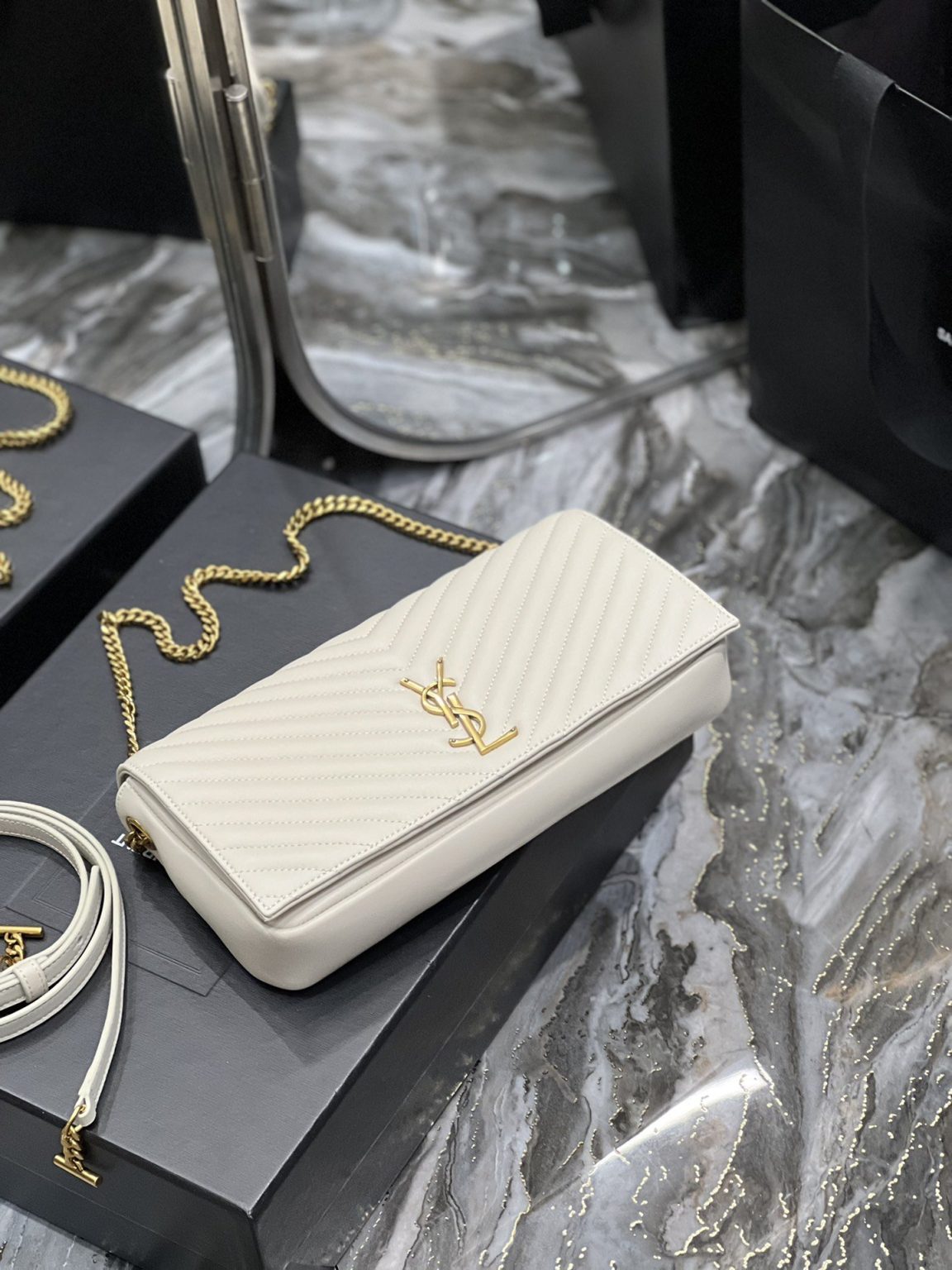 Saint Laurent Kata 99 Chain Bag White With Gold Hardware For Women 10.2in/26cm YSL