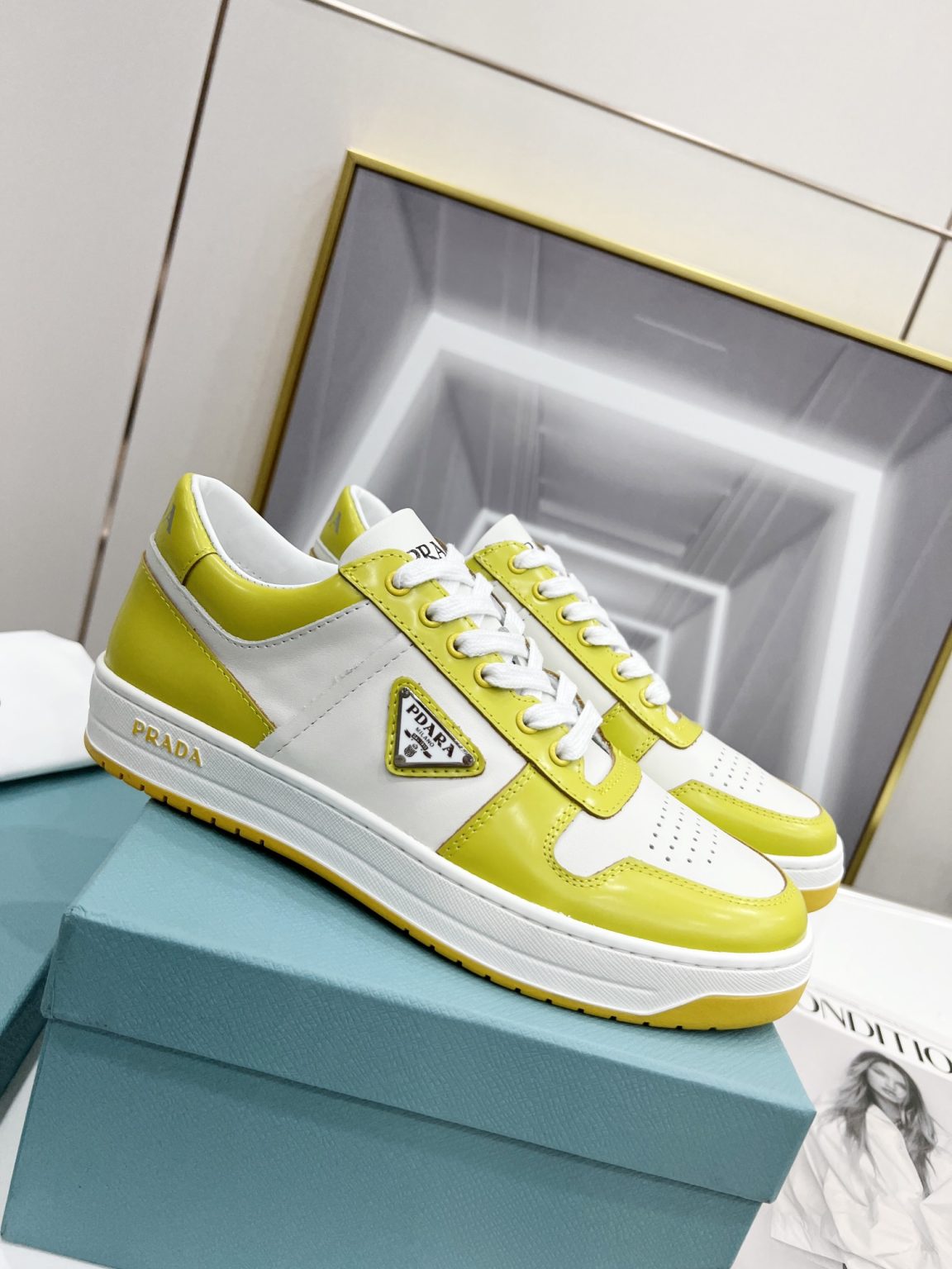 Prada Downtown Perforated Sneakers Yellow/White For Women 1.2in/30mm PRD 2EE364_3LKG_F0A7U