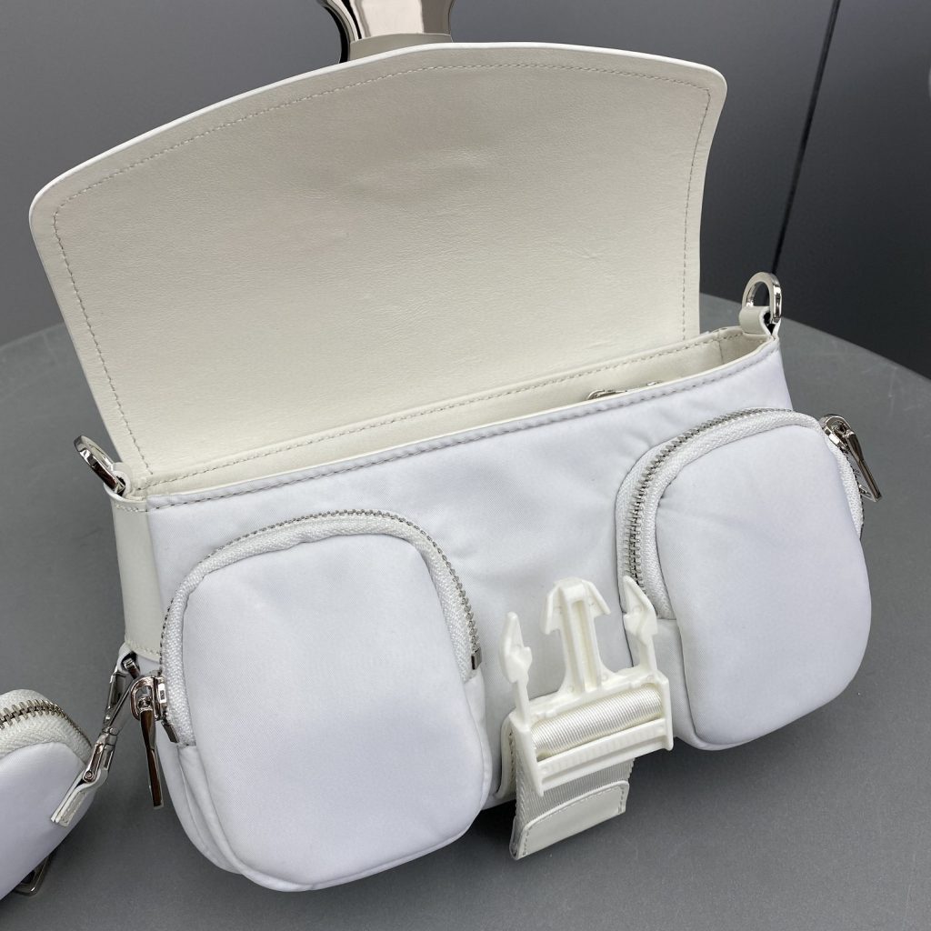 Prada Pocket Nylon And Brushed Bag White For Women, Women’s Bags 9in/23cm 1BD295_789_F0009_V_BFO