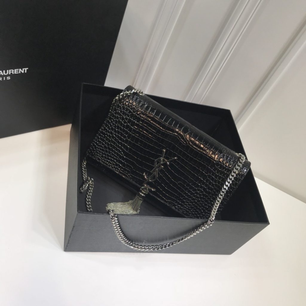 Saint Laurent Kate Medium Chain Bag With Tassel In Embossed Crocodile Black For Women 9.4in/24cm YSL 354119DND0N1000