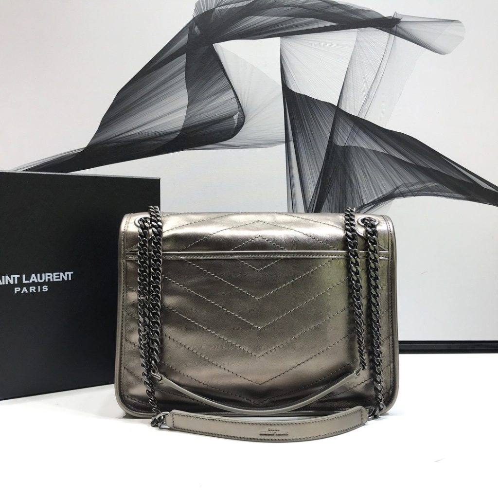 Saint Laurent Niki Medium Chain Bag In Crinkled Vintage Silver For Women 11in/28cm YSL