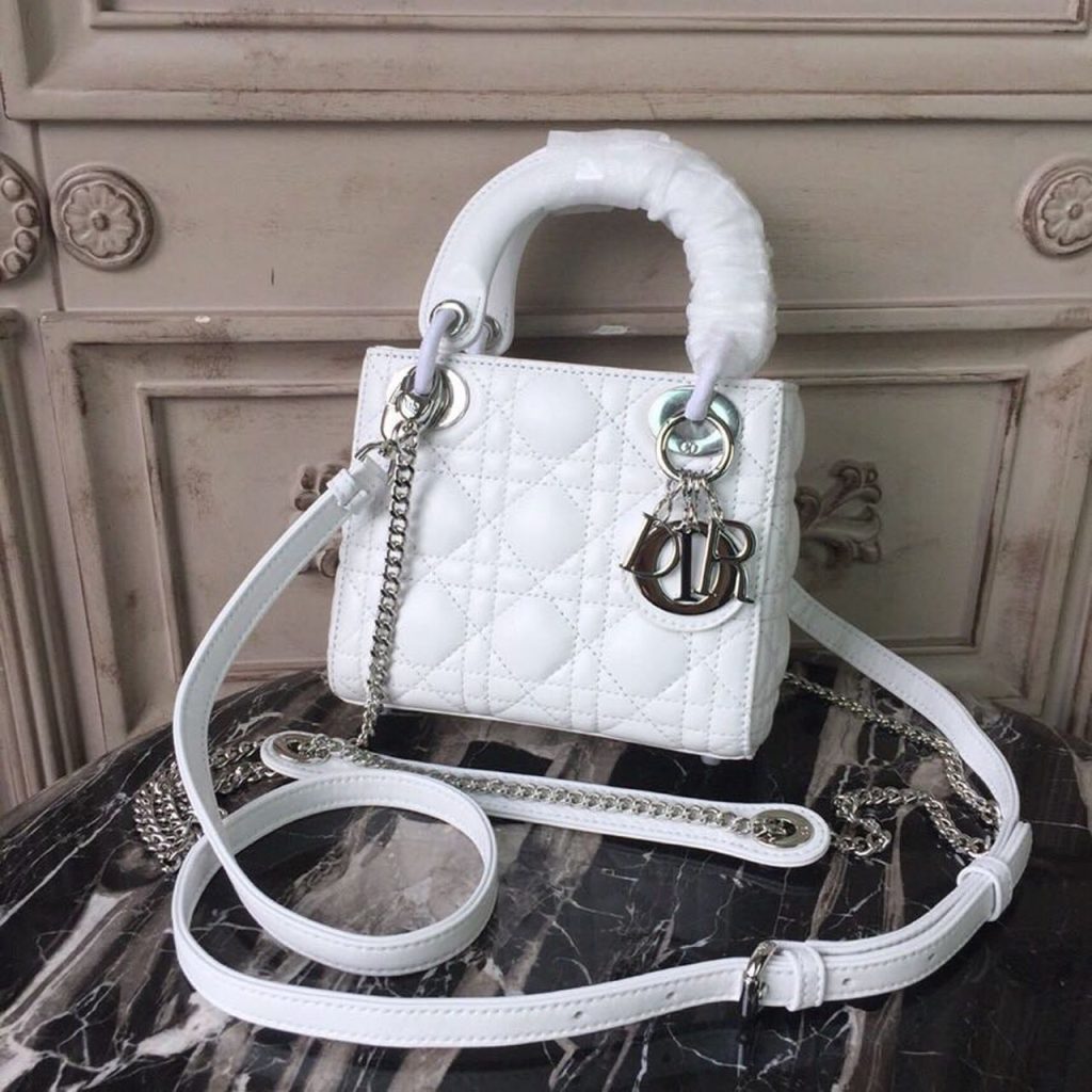 Christian Dior Mini Lady Dior Bag White Chain Silver Hardware For Women 17cm/6.5in CD