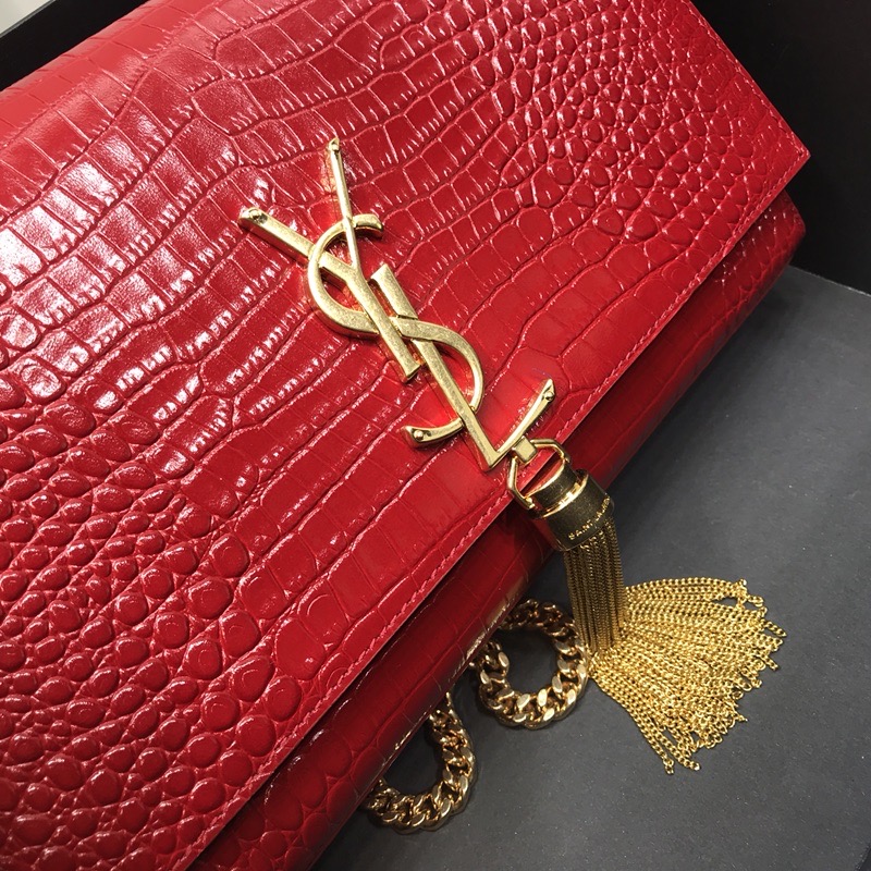 Saint Laurent Kate Medium Chain Bag With Tassel In Embossed Crocodile Red For Women 9.4in/24cm YSL