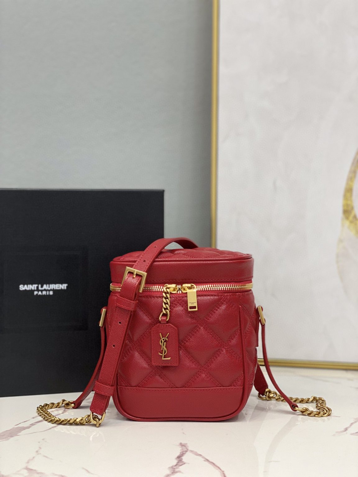 Saint Laurent 80’s Vanity Bag In Carré-Quilted Grain De Poudre Red For Women 6.4in/16.5cm YSL 649779DME276805