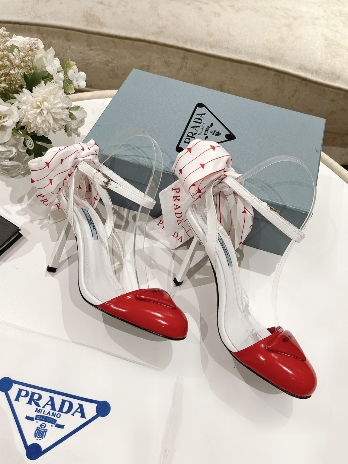 Prada Patent Sling-Back Pumps White/Red For Women 3.5/90mm PRD