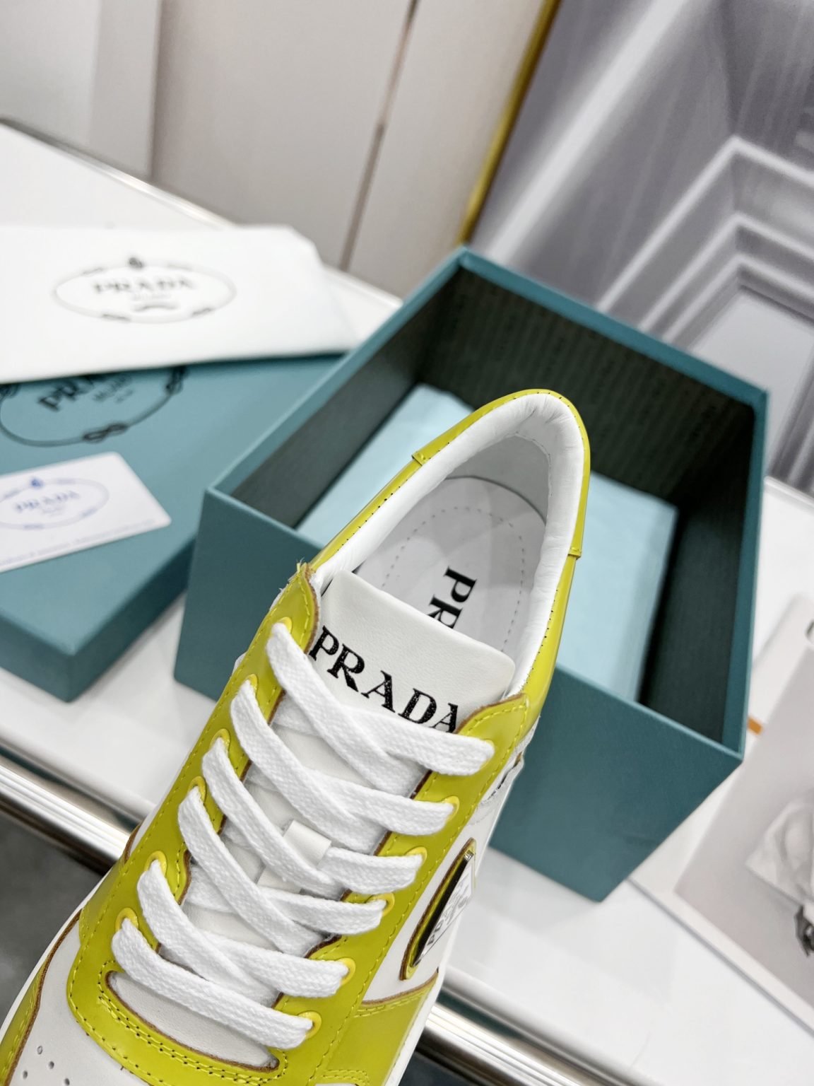 Prada Downtown Perforated Sneakers Yellow/White For Women 1.2in/30mm PRD 2EE364_3LKG_F0A7U