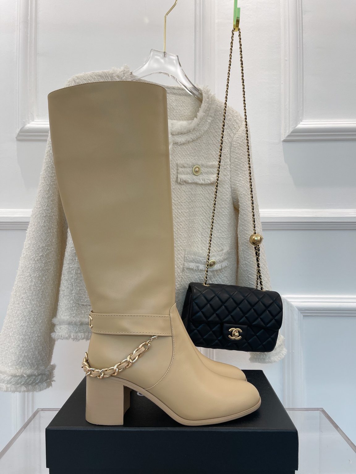 Chanel Women’s High Boots With Chain Beige For Women 3.7in/ 9.5cm