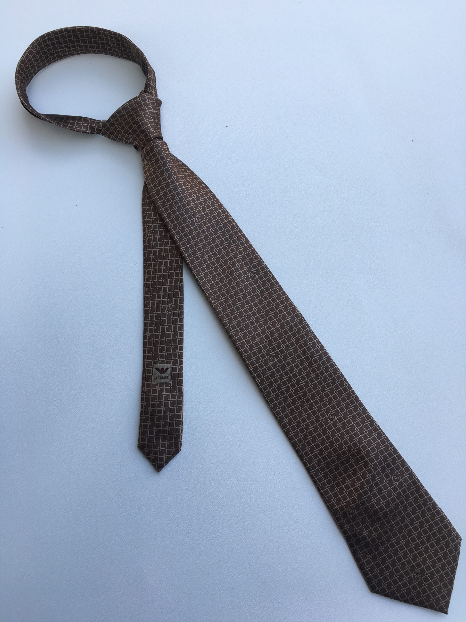 Armani Silk Tie With Geometric Motif Brown Armani Men Tie