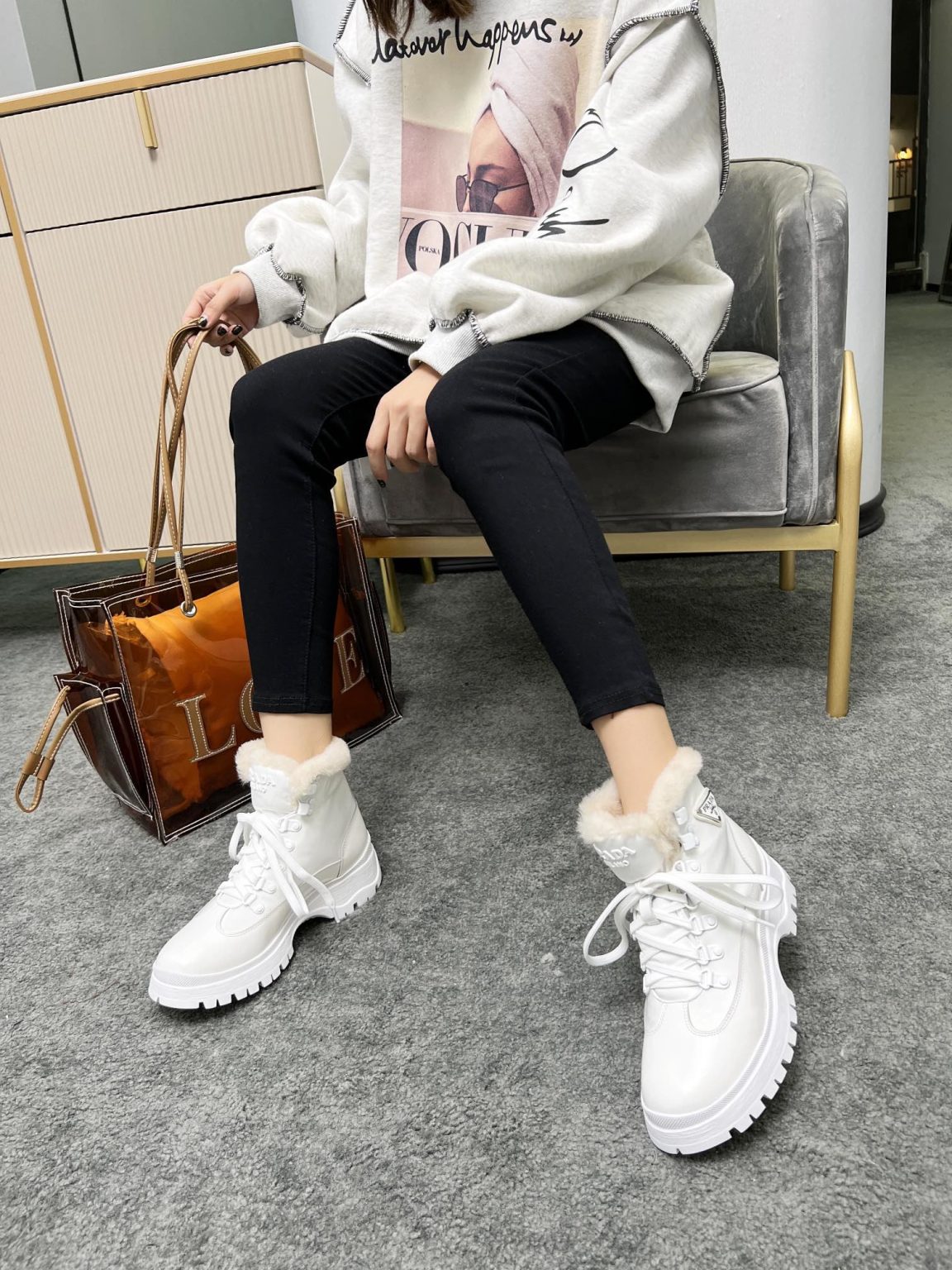 Prada Shearling High-Top Sneakers White For Women PRD