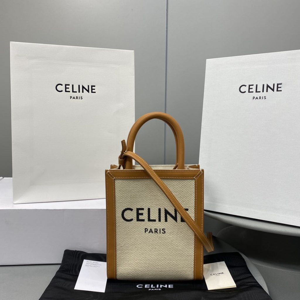 Celine Mini Vertical Cabas Celine In Textile With Celine Print White/Brown For Women 8in/20cm 193302BNZ.02NT