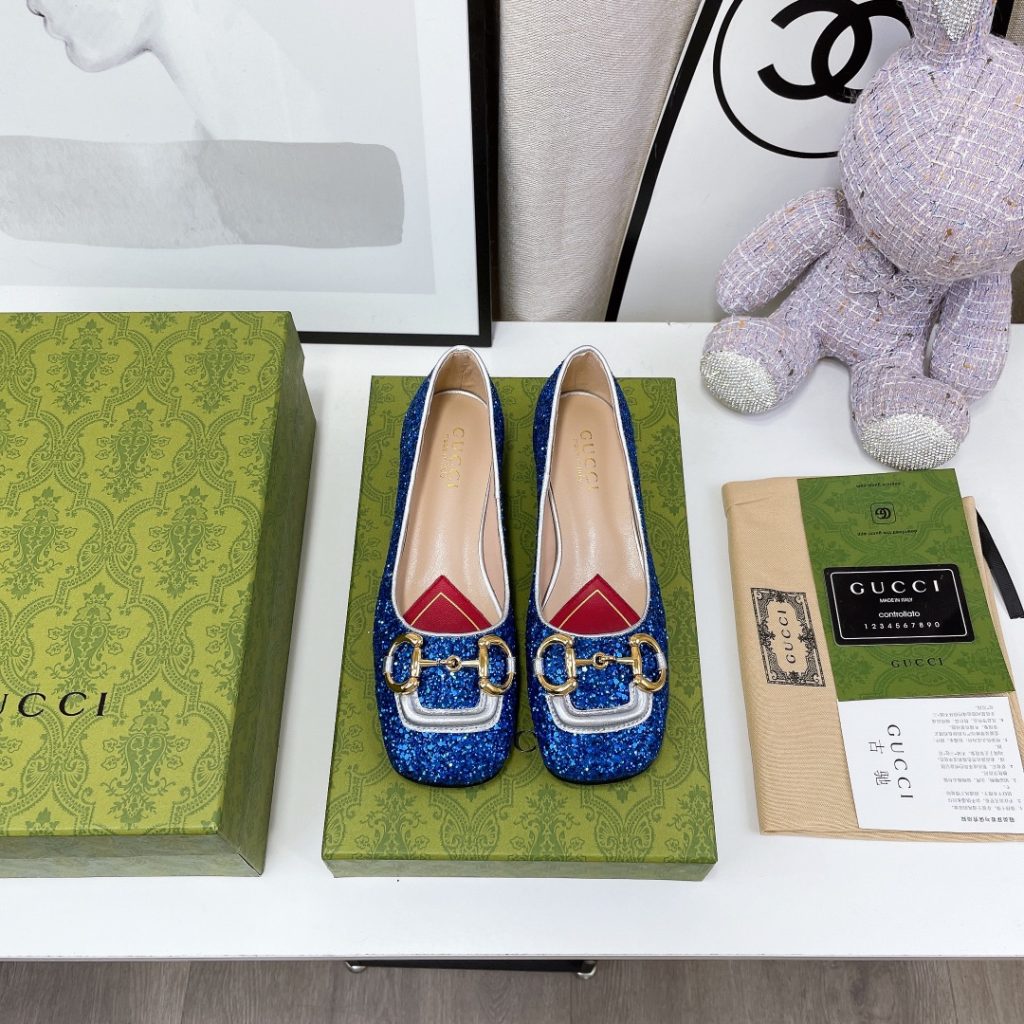 Gucci Lovelight Crystal Ballet Flat With Horsebit Blue For Women GG