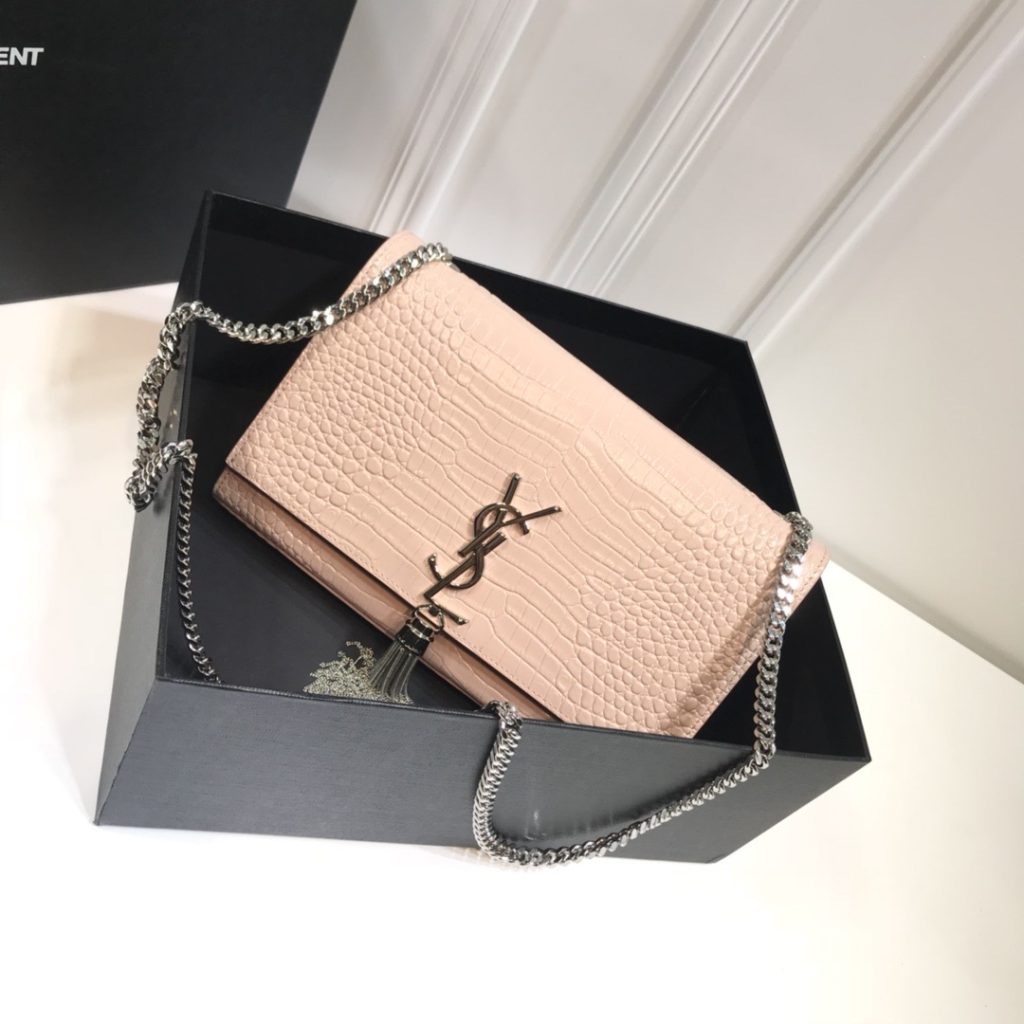 Saint Laurent Kate Medium Chain Bag With Tassel In Embossed Crocodile Dark Beige For Women 9.4in/24cm YSL