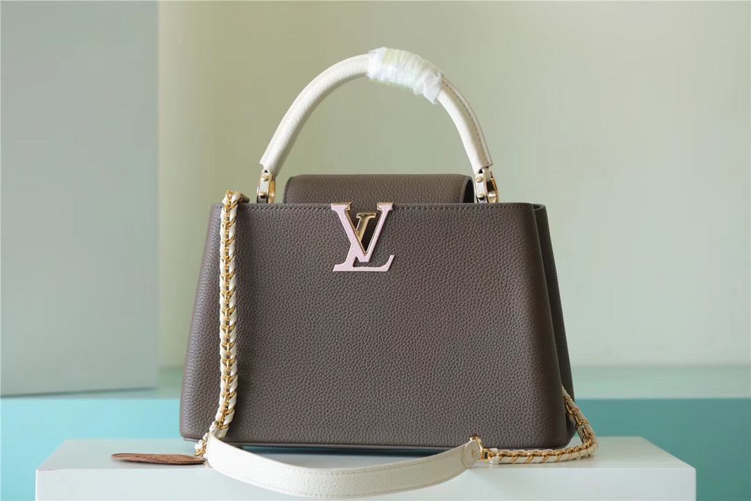 Louis Vuitton Capucines MM Taurillon Smokey Brown Green/ Creme/ Pink For Women, Women’s Handbags, Shoulder And Crossbody Bags 31.5cm/12.4in LV M59516