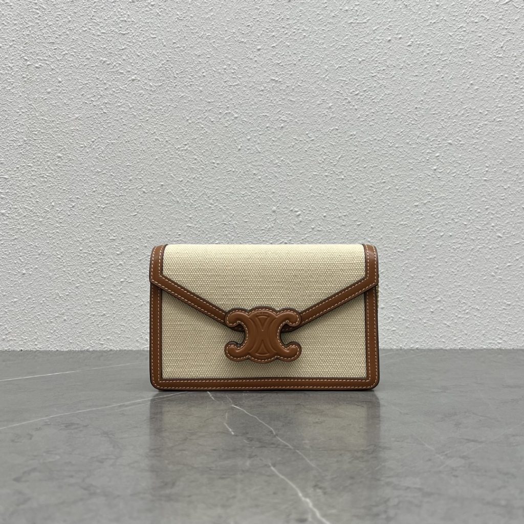 Celine Wallet On Chain Triomphe In Textile Natural / Tan For Women 7in/19cm 10J972DB2.02NT