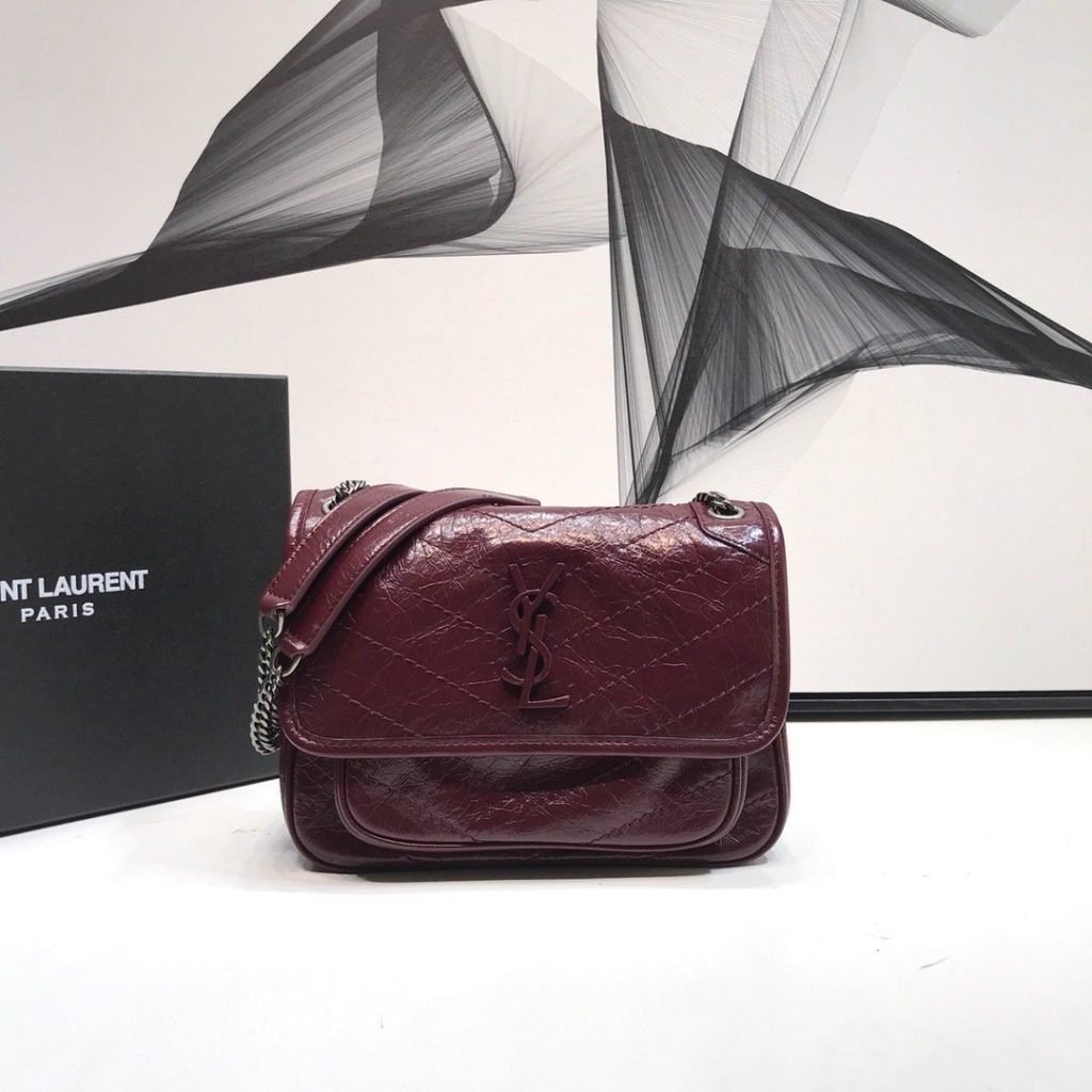 Saint Laurent Niki Baby Chain Bag In Crinkled Vintage  Burgundy For Women 8.2in/21cm YSL 6331600EN046475