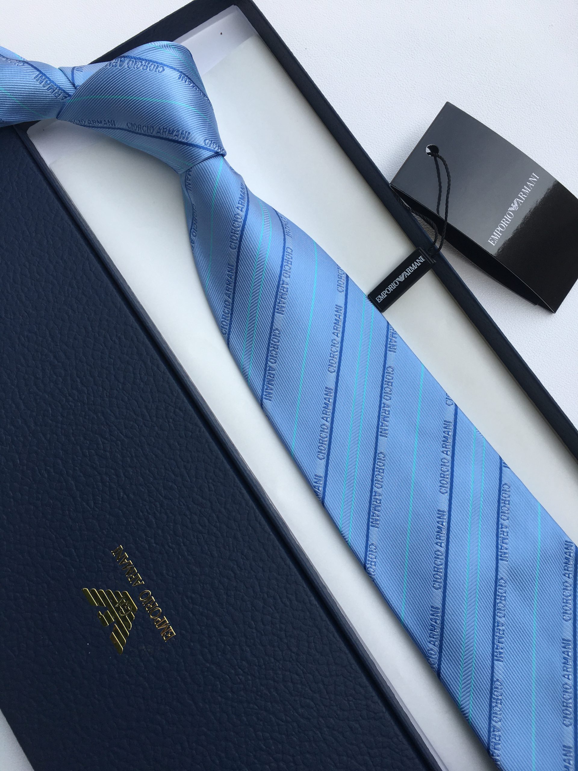 Armani Tie With Embroidered Text Light Blue Armani Men Tie