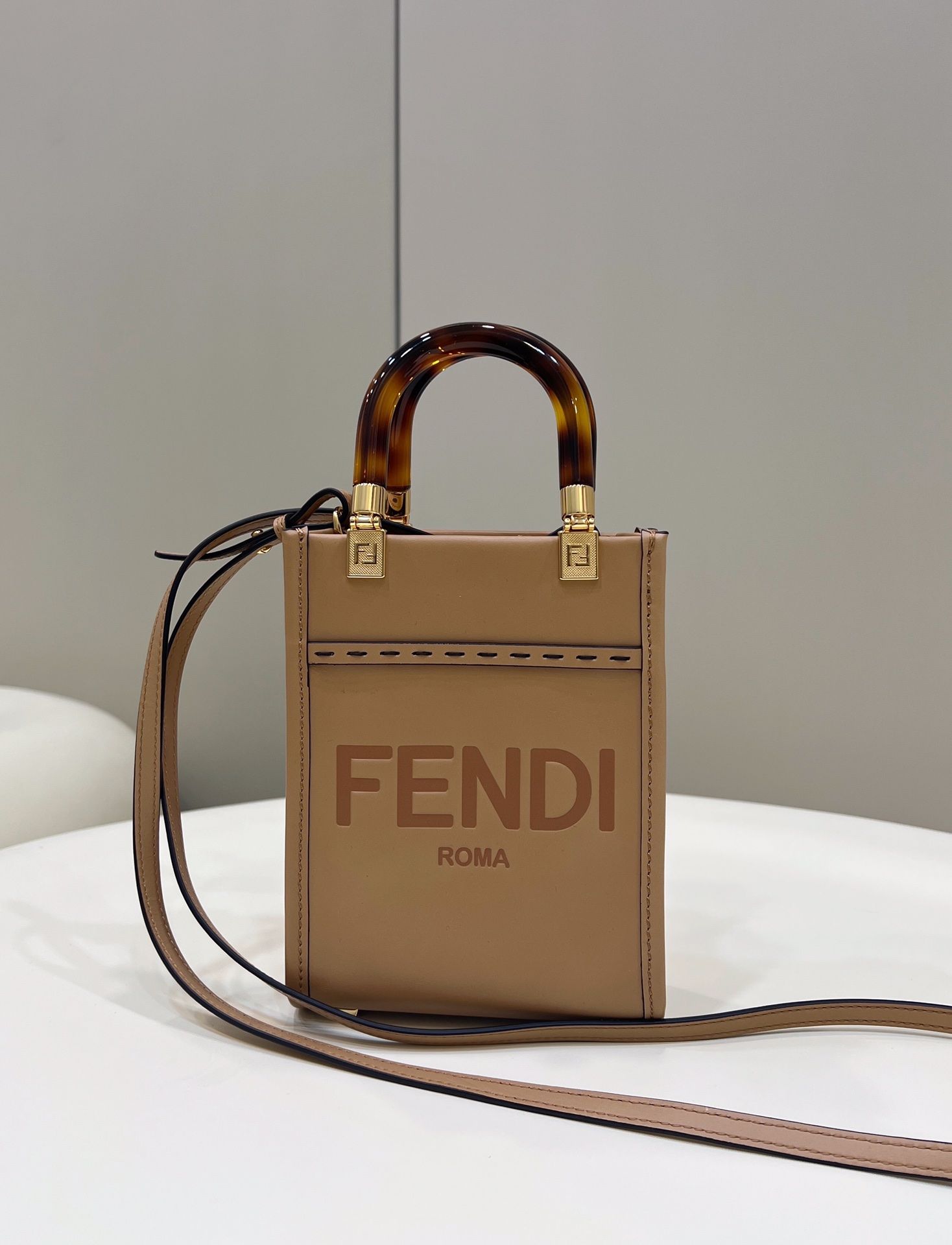 Fendi Sunshine Shopper Light Brown Mini Bag For Woman 13cm/5in