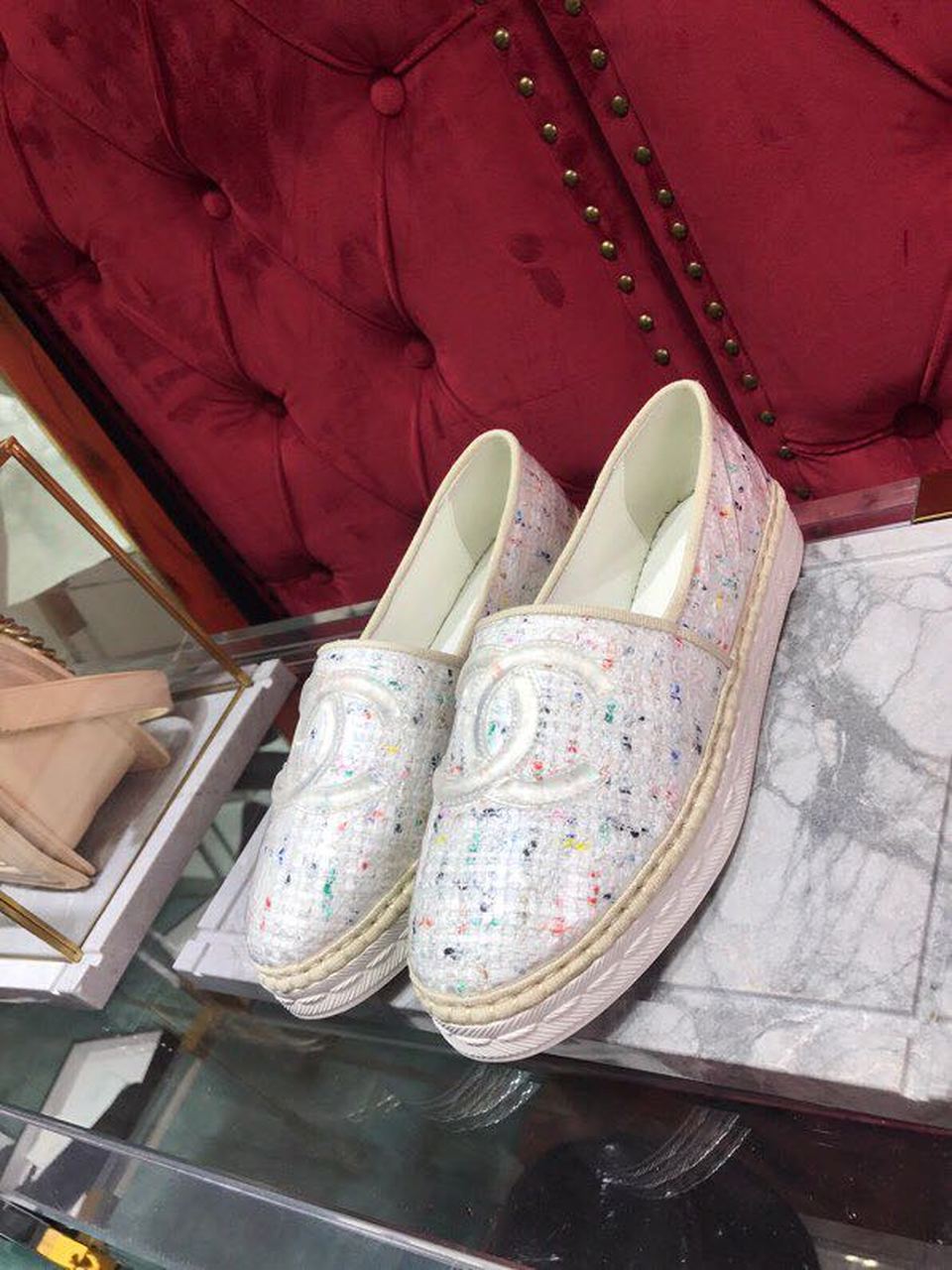 Chanel Tweed/PVC CC Logo Espadrilles White For Women, Women’s Shoes