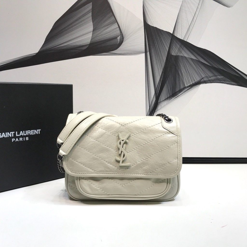 Saint Laurent Niki Baby Chain Bag In Crinkled Vintage White For Women 8.2in/21cm YSL 6331600EN049207