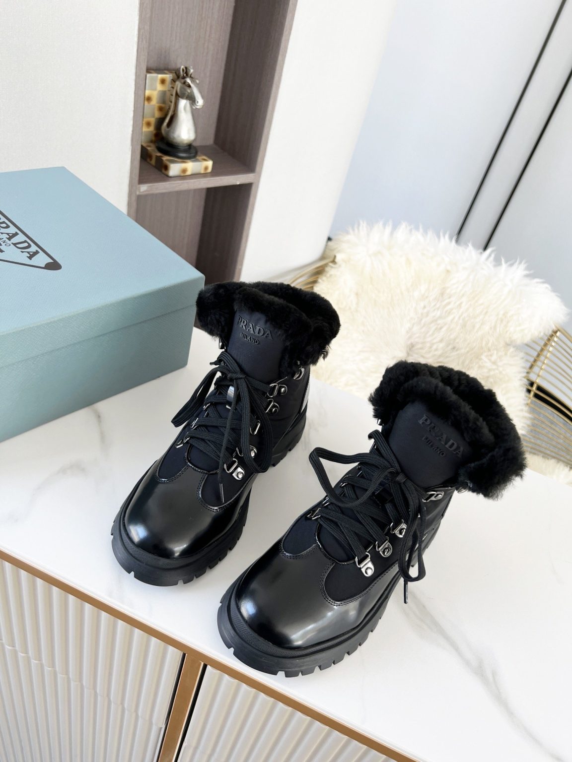 Prada Shearling High-Top Sneakers Black For Women PRD