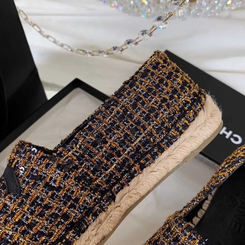 Chanel Espadrilles Tweed & Grosgrain Calfskin Leather Pre-Fall/Winter 2019 Collection, Black/Gold