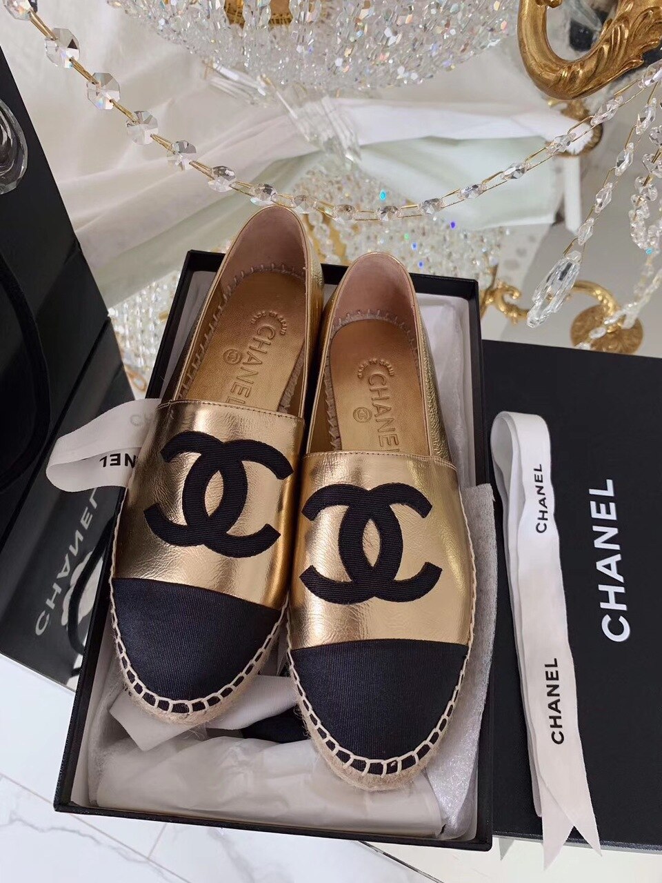 Chanel Espadrilles Rose Gold/Black For Women, Women’s Shoes G29762