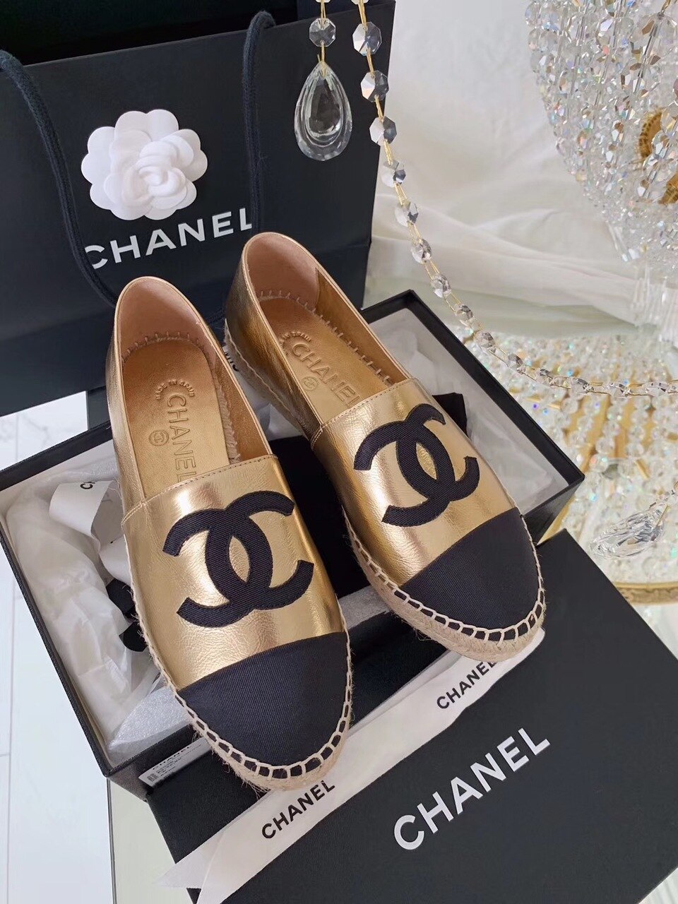 Chanel Espadrilles Rose Gold/Black For Women, Women’s Shoes G29762