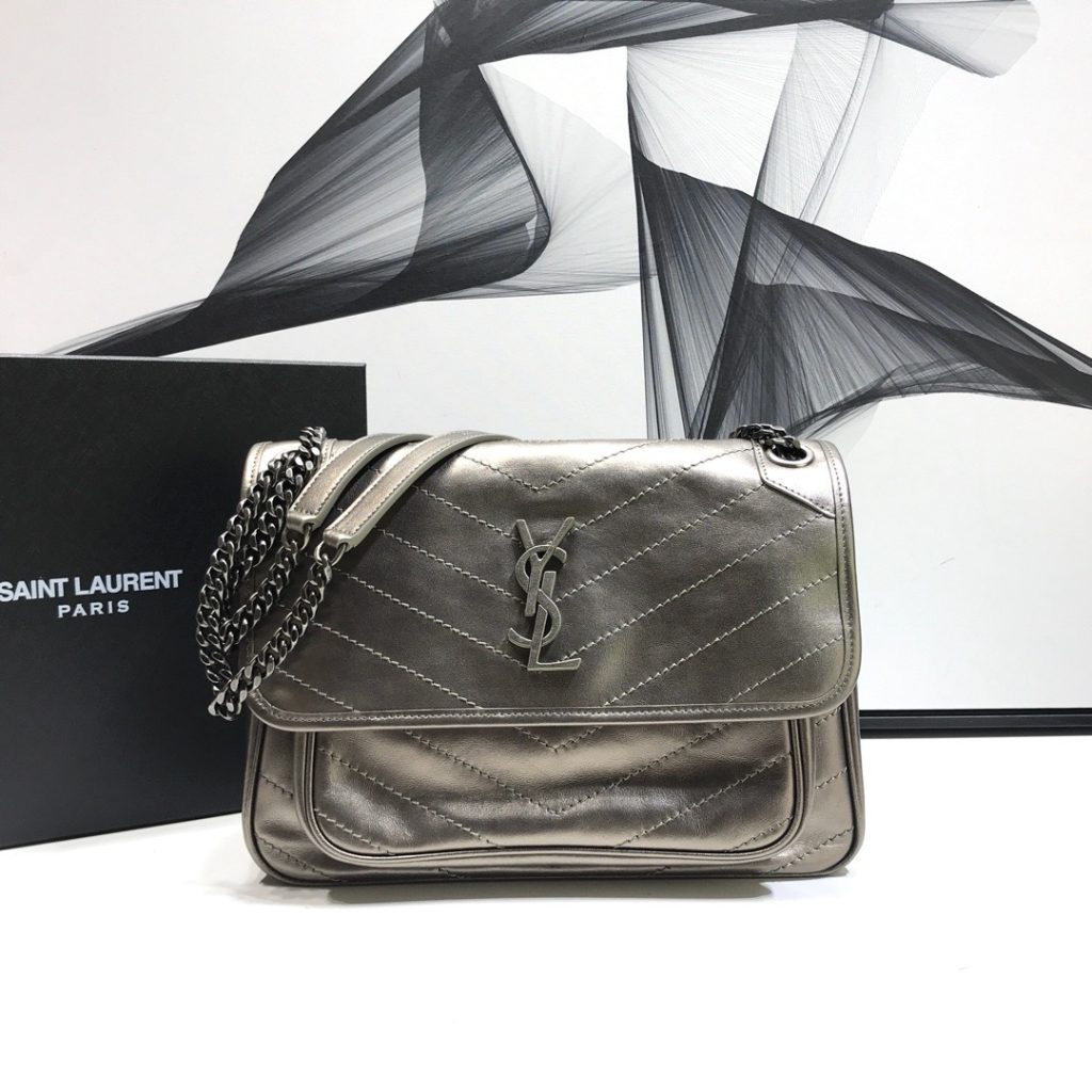 Saint Laurent Niki Medium Chain Bag In Crinkled Vintage Silver For Women 11in/28cm YSL