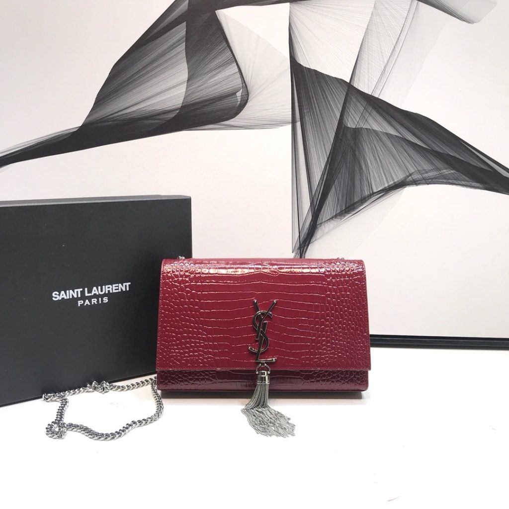 Saint Laurent Kate Medium Chain Bag With Tassel In Shiny-Embossed Burgundy For Women 9.4in/24cm