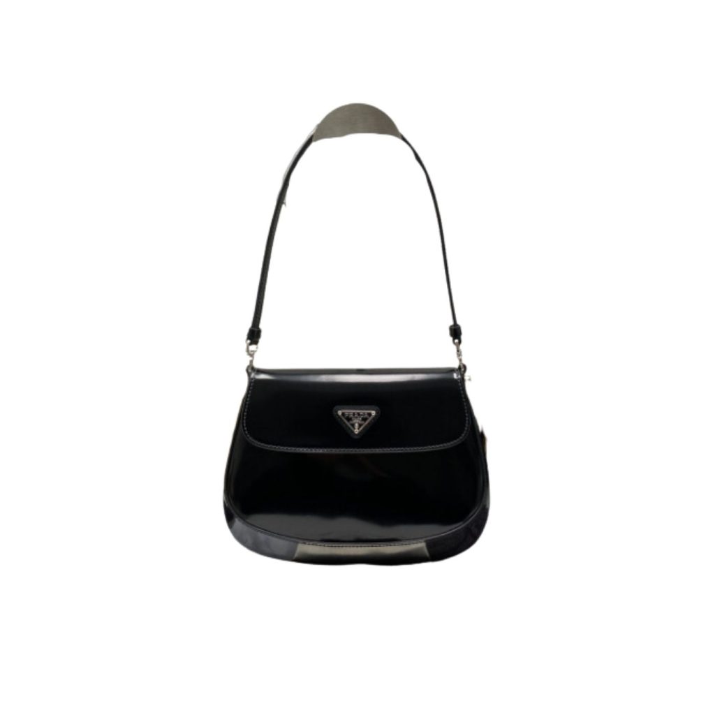 Prada Cleo Brushed Shoulder Bag With Flap Black For Women, Women’s Bags 8.6in/22cm 1BD311_ZO6_F0002_V_OOO