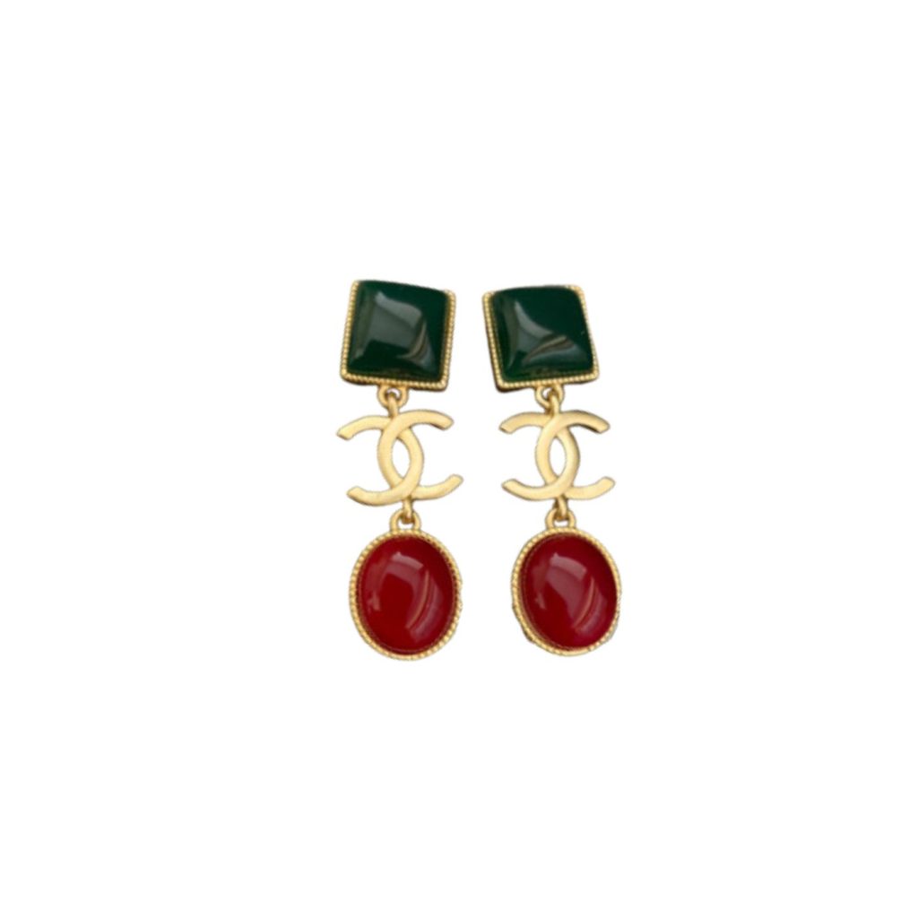 Big Dark Green And Dark Red Stone Earrings Gold Tone For Women