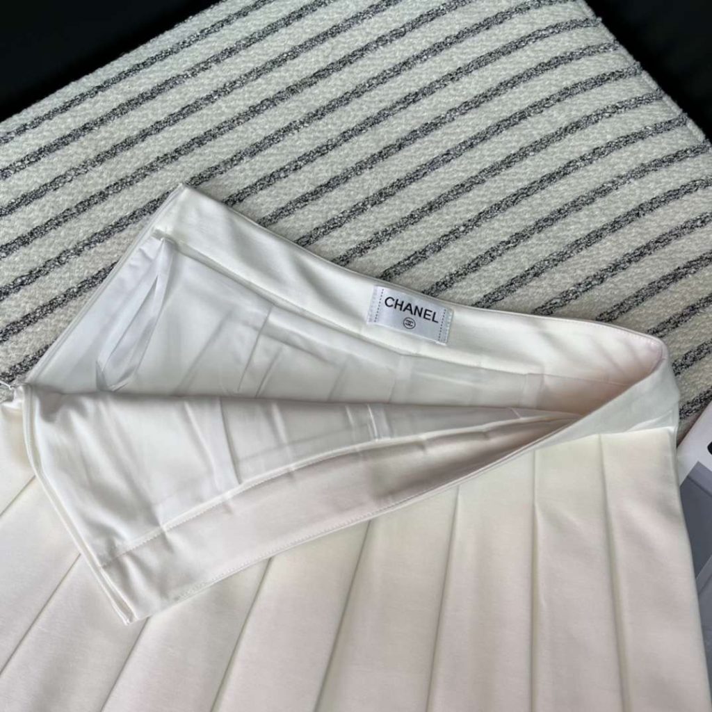 Chanel Breasted Lapel Top + High Waisted Pleated Skirt White For Women